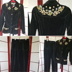 Maximum Imports Velvety Soft Black Embroidered Floral Pants & Jacket Set